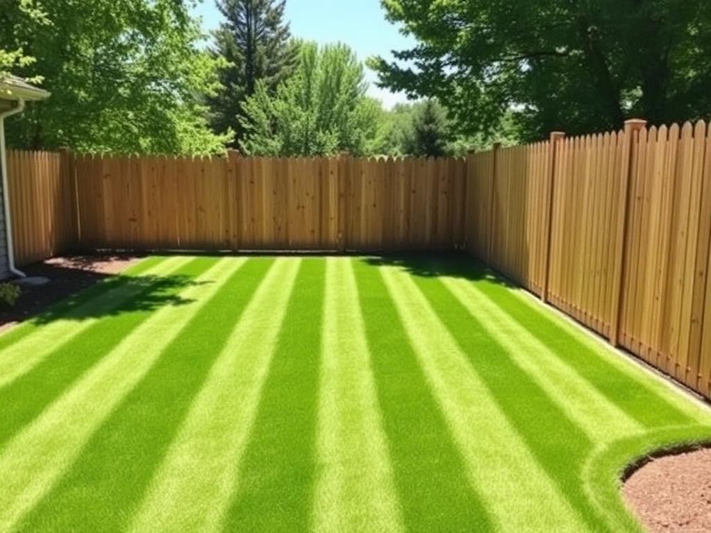 After: new wood privacy fence and freshly mowed striped lawn at a Hampstead, NC backyard
