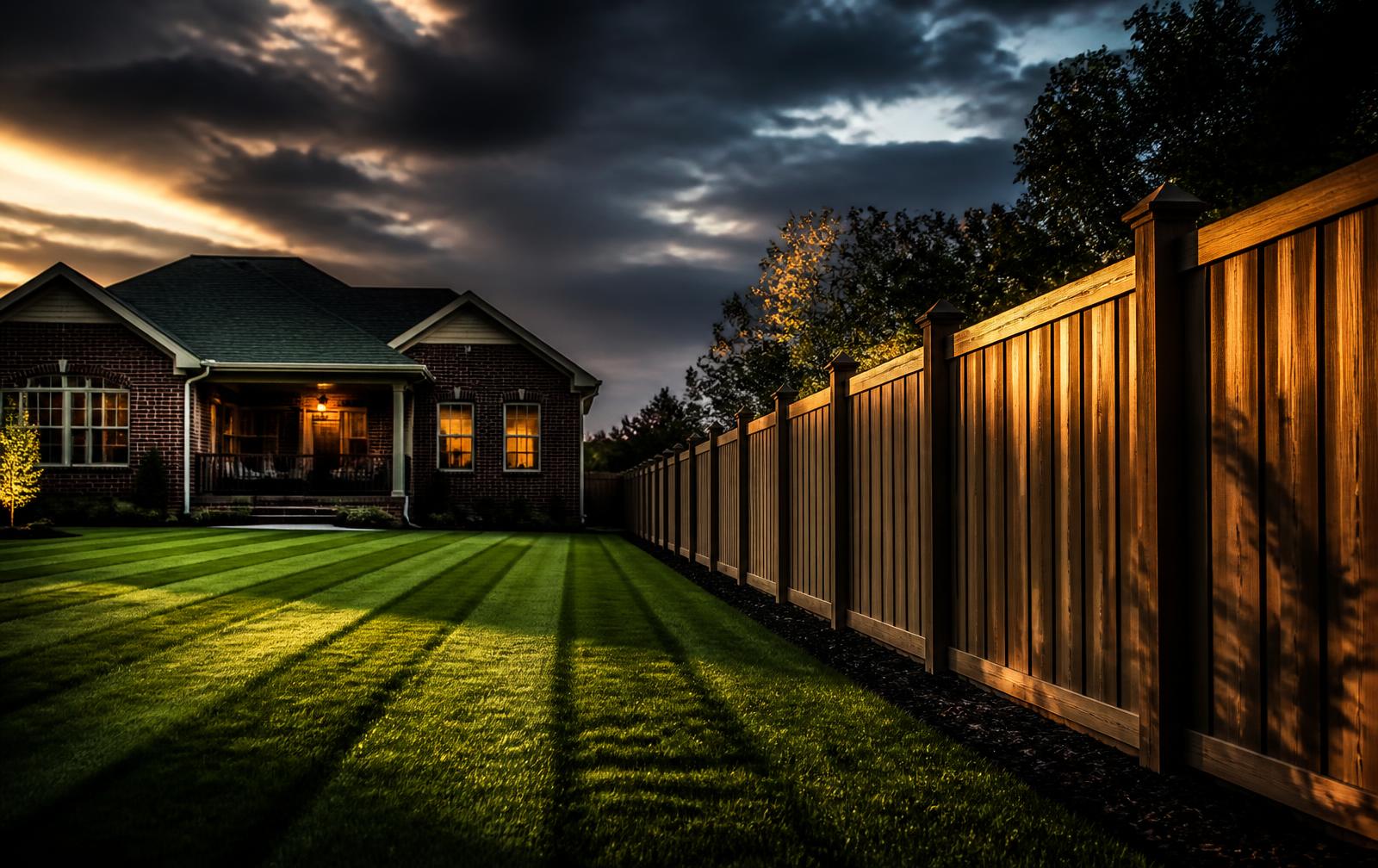New wood privacy fence and freshly mowed lawn at a Wilmington, NC home installed by Precision Fence and Lawn